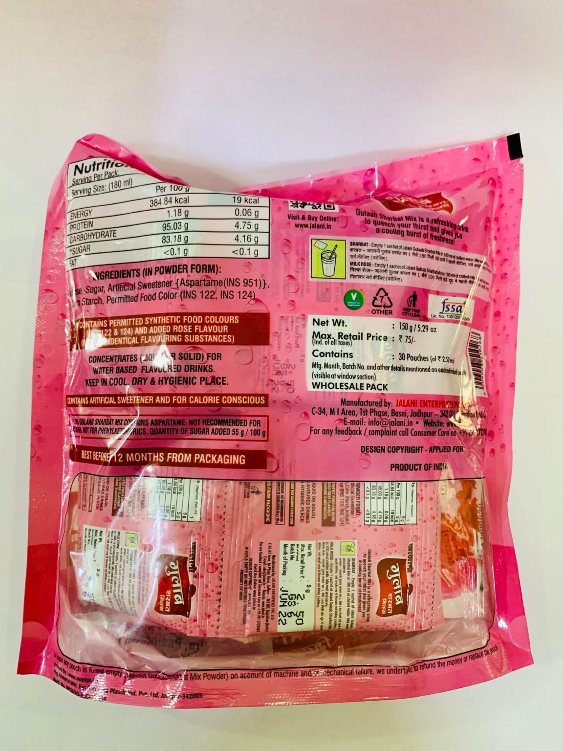 Jalani Gulaab Sharbat Mix Packet (30 Sachet of 5g each), 150g - Image 2